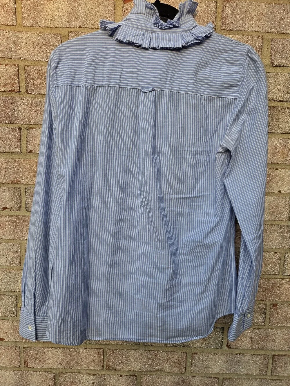 J. Crew Light Blue and White Striped Ruffle-Neck Button Shirt Womans Size M
